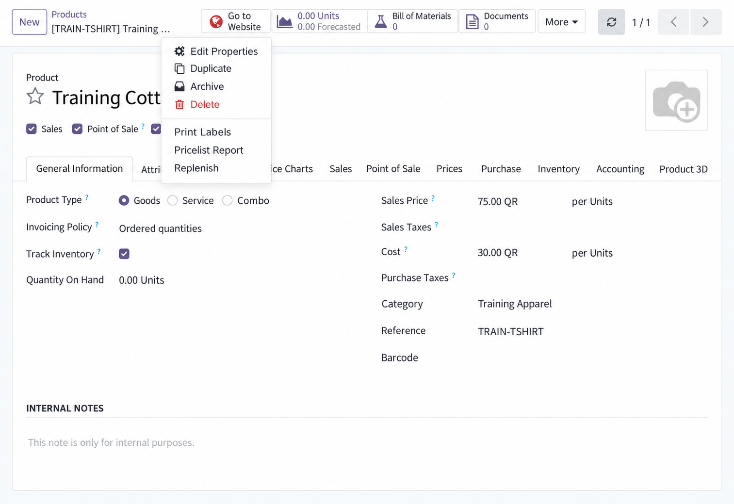 Product actions menu